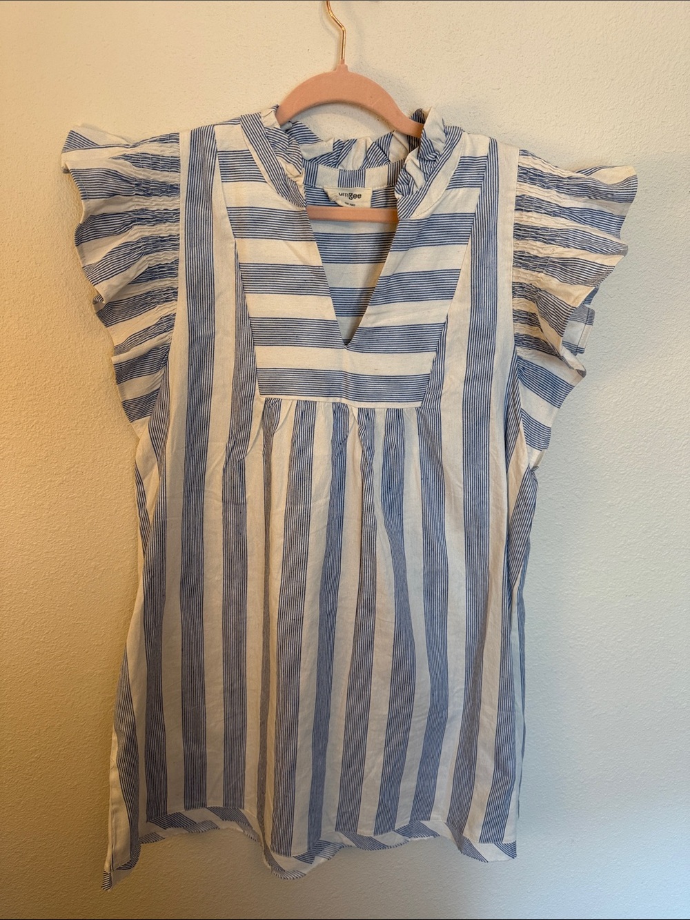 Umgee Blue & White Vertical Stripe V-Neck Flutter Dress